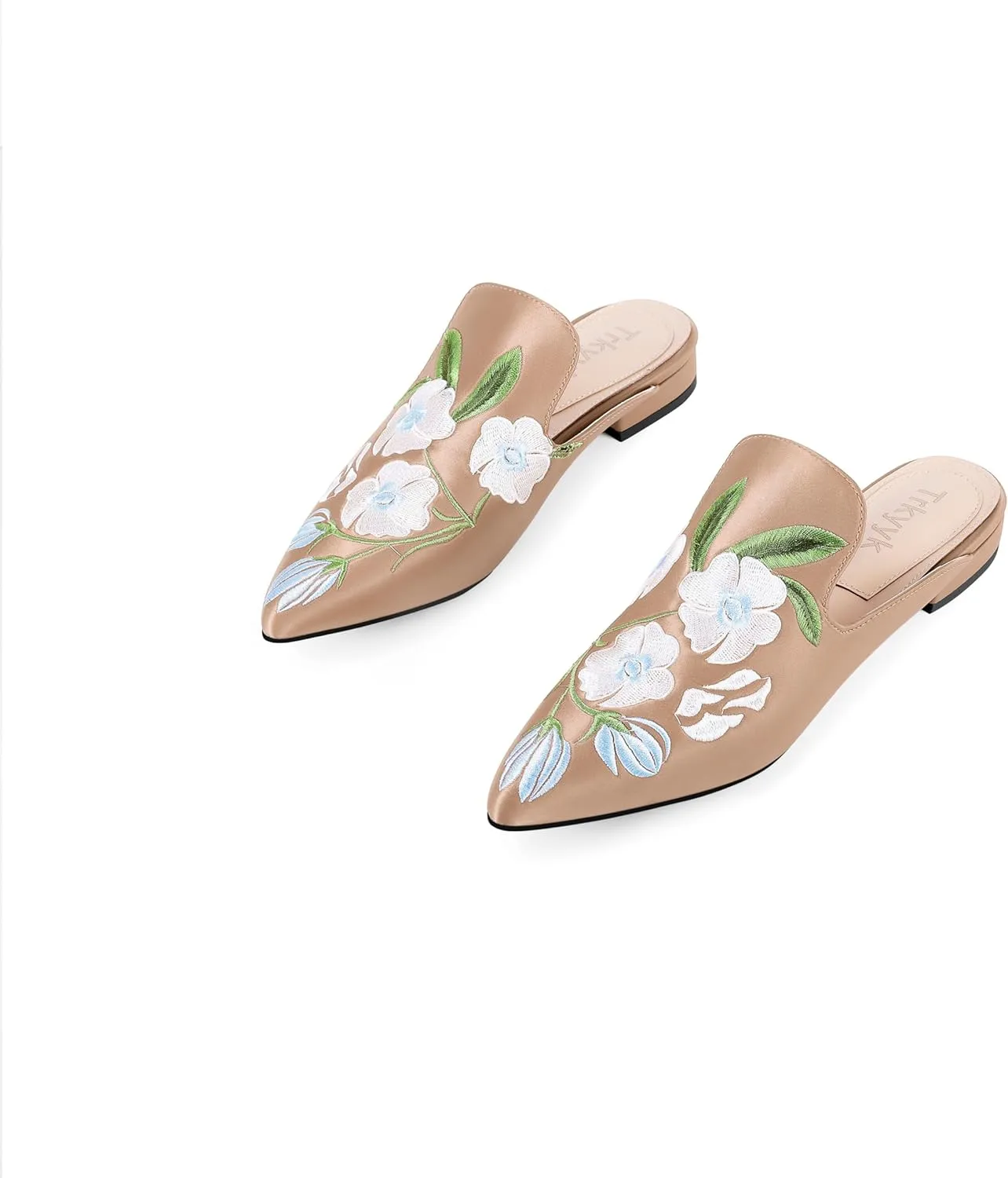 Mules for Women Pointed Toe Embroidered Shoes Satin Comfortable Flats Backless Loafers