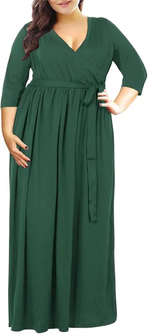 Nemidor Womens Casual V-Neck 3/4 Sleeve Plus Size Long Maxi Dress with Pockets NEM170