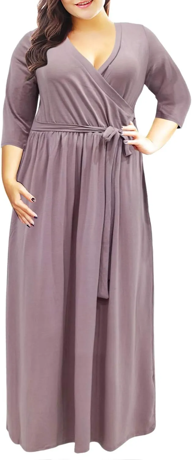Nemidor Womens Casual V-Neck 3/4 Sleeve Plus Size Long Maxi Dress with Pockets NEM170