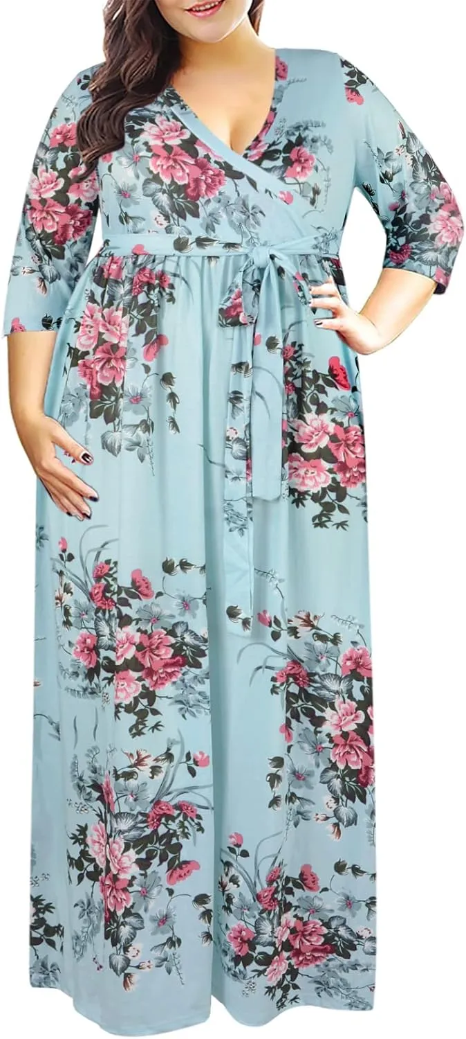 Nemidor Womens Casual V-Neck 3/4 Sleeve Plus Size Long Maxi Dress with Pockets NEM170