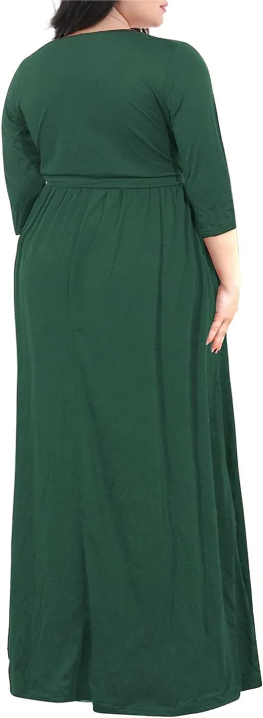 Nemidor Womens Casual V-Neck 3/4 Sleeve Plus Size Long Maxi Dress with Pockets NEM170