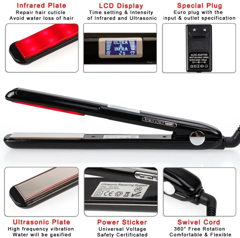 New Upgrade Design Ultrasonic Infrared Hair Straightener Care Cold Flat Iron for Hair Treatment Therapy Repair Damaged Hair LCD Display 360° Swivel Cord (Black)