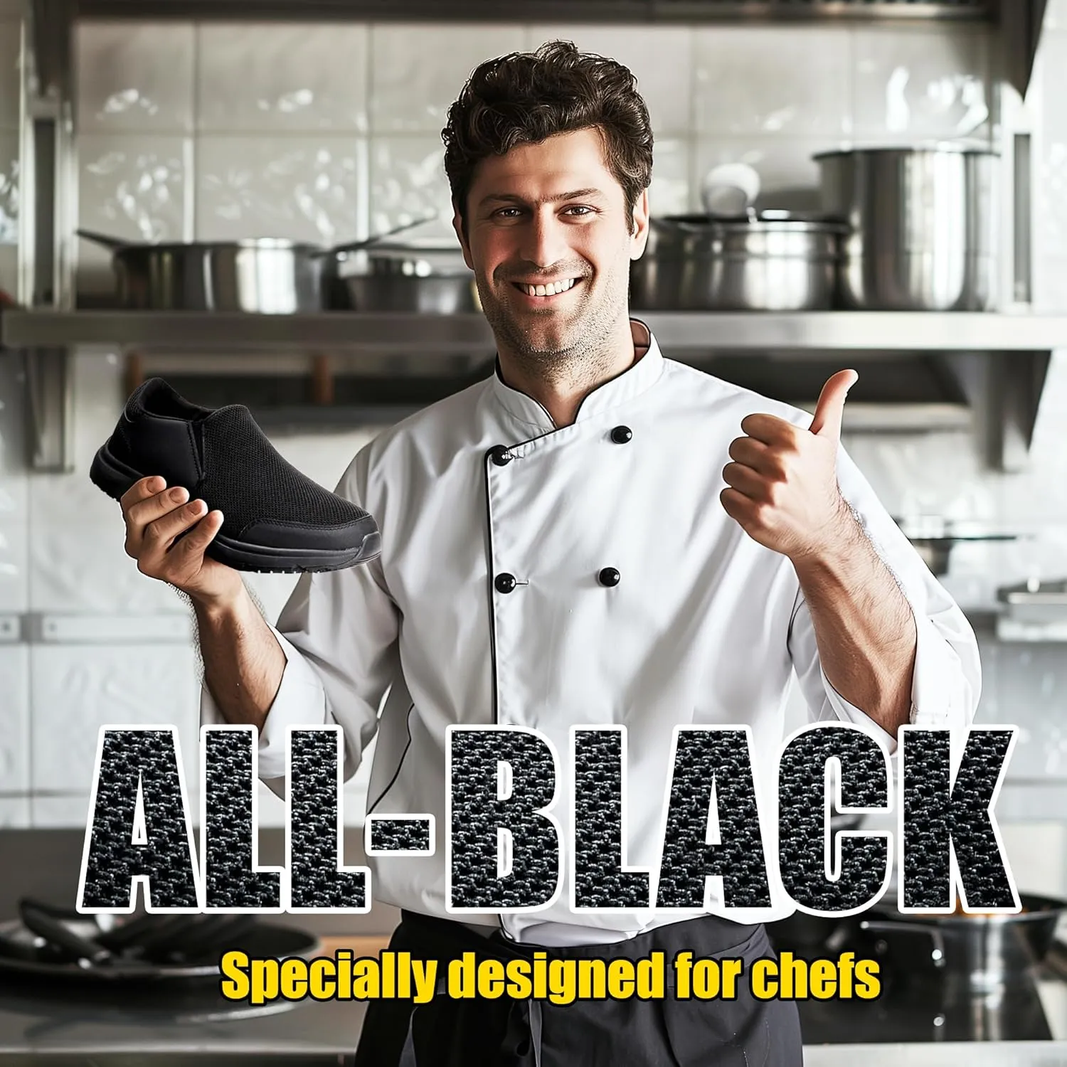 Non Slip Work Shoes for Men&Women, Oil&Waterproof&Slip Resistant Food Service Shoes,All Black Slip on Kitchen Chef Shoes