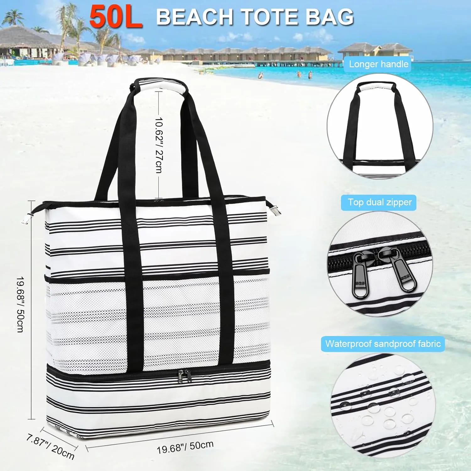 Octsky Beach Bag Tote Pool Bag with Cooler 9 Pockets Zipper Waterproof Sandproof Leakproof Xl Beach Bags for Women