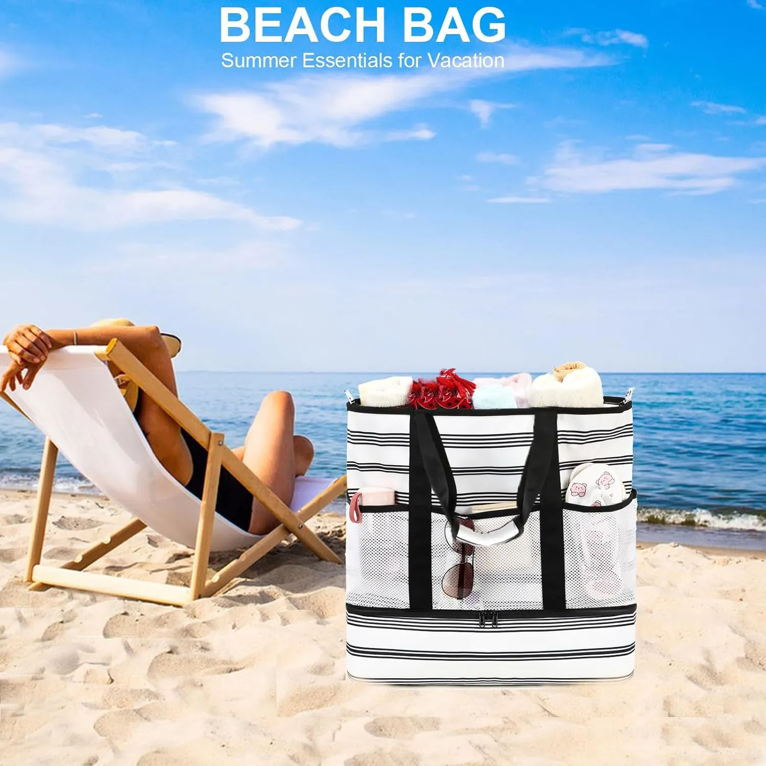 Octsky Beach Bag Tote Pool Bag with Cooler 9 Pockets Zipper Waterproof Sandproof Leakproof Xl Beach Bags for Women