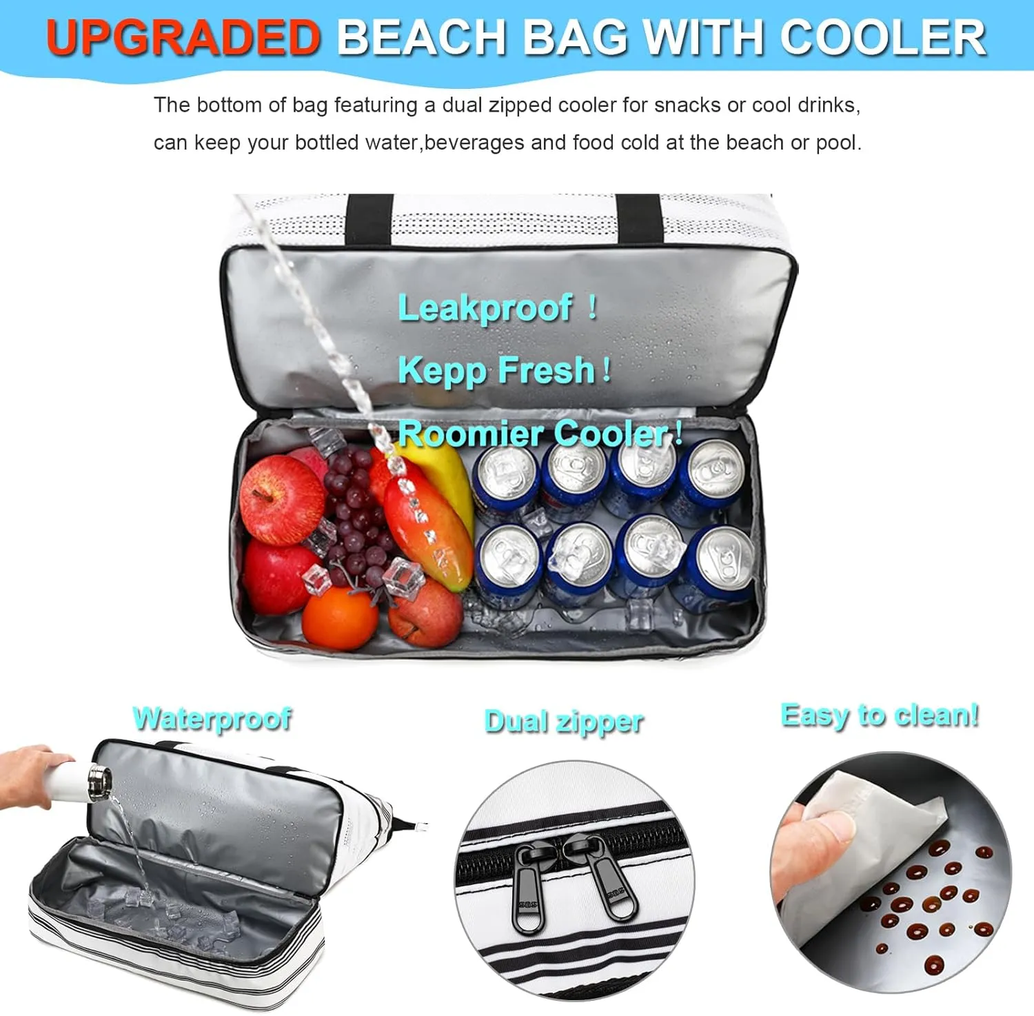 Octsky Beach Bag Tote Pool Bag with Cooler 9 Pockets Zipper Waterproof Sandproof Leakproof Xl Beach Bags for Women