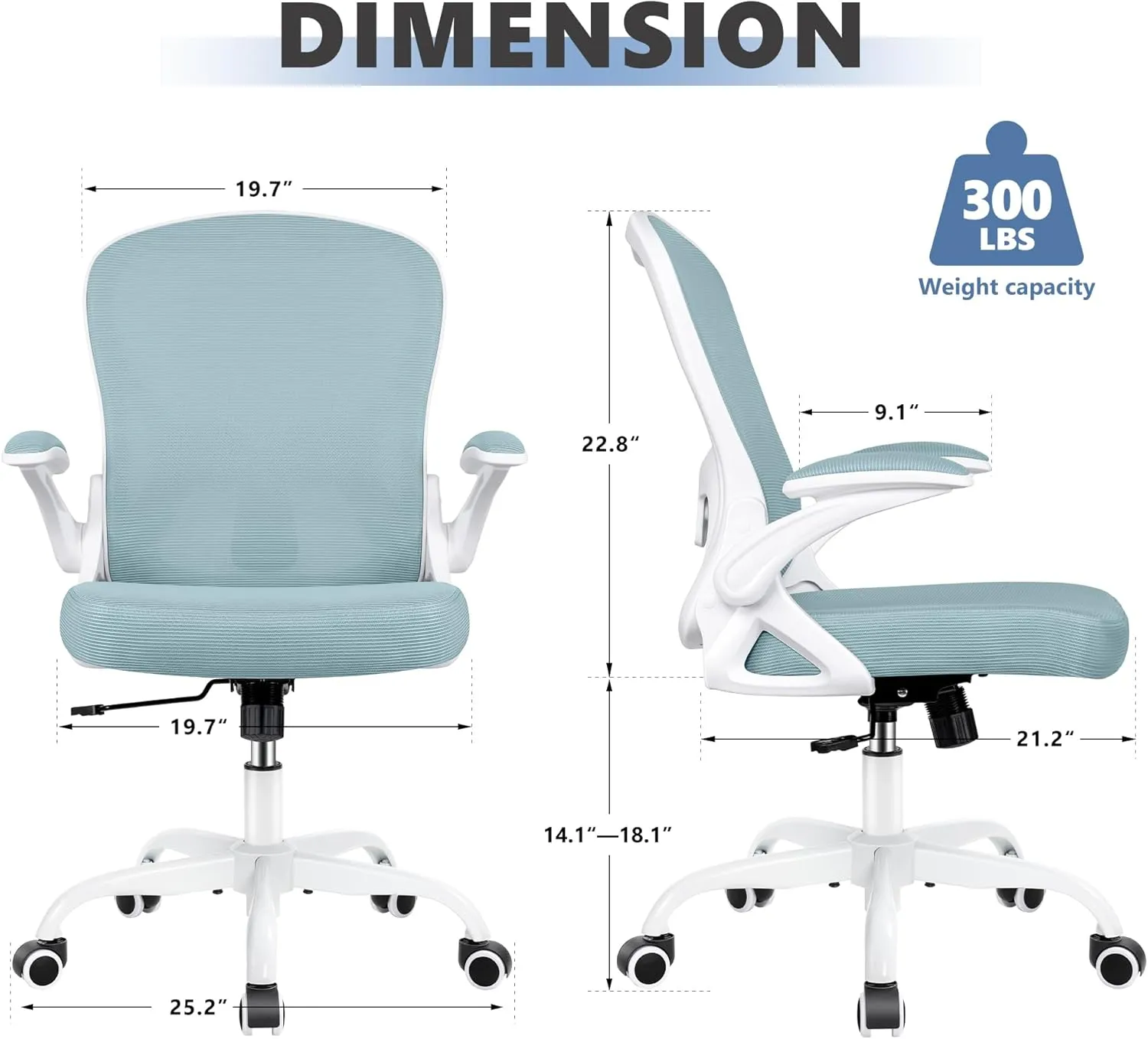Office Chair Desk Chair, Ergonomic Mesh Computer Chair Home Office Desk Chairs, Swivel Task Chair Mid Back Breathable Rolling Chair with Adjustable Lumbar Support Flip Up Armrest (Light Blue)