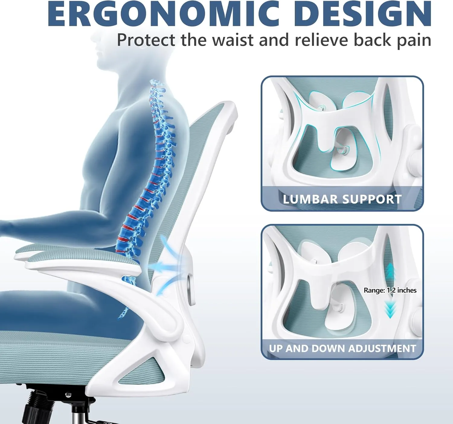 Office Chair Desk Chair, Ergonomic Mesh Computer Chair Home Office Desk Chairs, Swivel Task Chair Mid Back Breathable Rolling Chair with Adjustable Lumbar Support Flip Up Armrest (Light Blue)