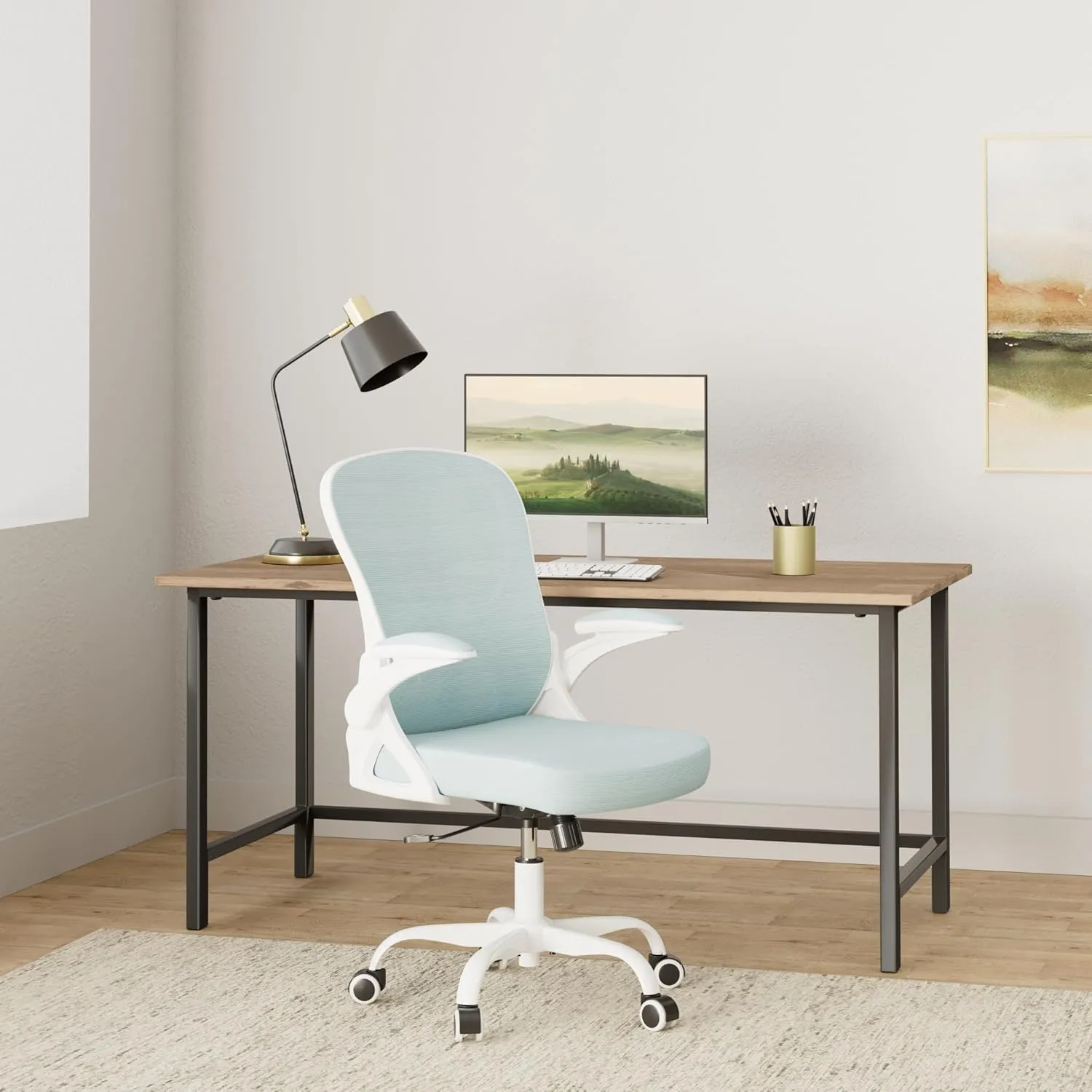 Office Chair Desk Chair, Ergonomic Mesh Computer Chair Home Office Desk Chairs, Swivel Task Chair Mid Back Breathable Rolling Chair with Adjustable Lumbar Support Flip Up Armrest (Light Blue)