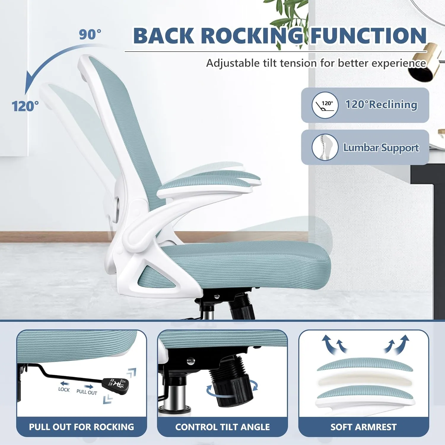 Office Chair Desk Chair, Ergonomic Mesh Computer Chair Home Office Desk Chairs, Swivel Task Chair Mid Back Breathable Rolling Chair with Adjustable Lumbar Support Flip Up Armrest (Light Blue)