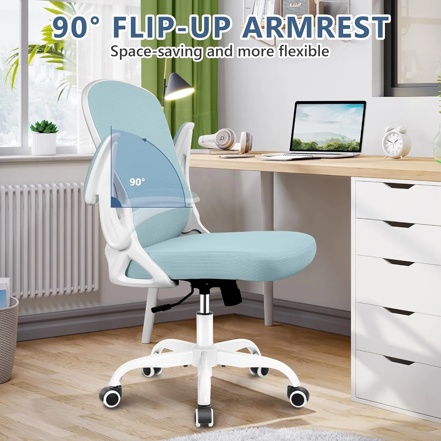 Office Chair Desk Chair, Ergonomic Mesh Computer Chair Home Office Desk Chairs, Swivel Task Chair Mid Back Breathable Rolling Chair with Adjustable Lumbar Support Flip Up Armrest (Light Blue)