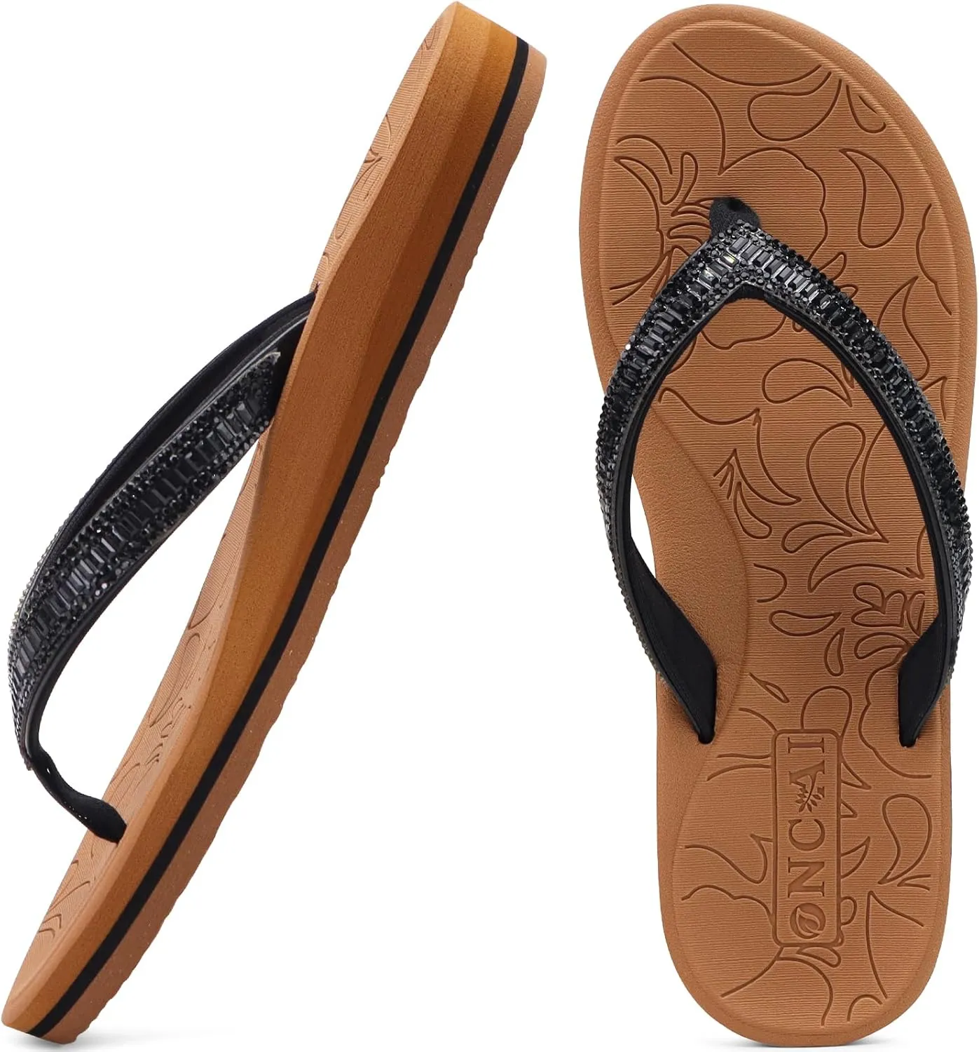 ONCAI Women's Flip Flops with Rhinestone, Arch Support Yoga Mat Comfort Walking Summer Beach Thong Sandals with Plantar Fasciitis Rubber Soles US Size 5-11
