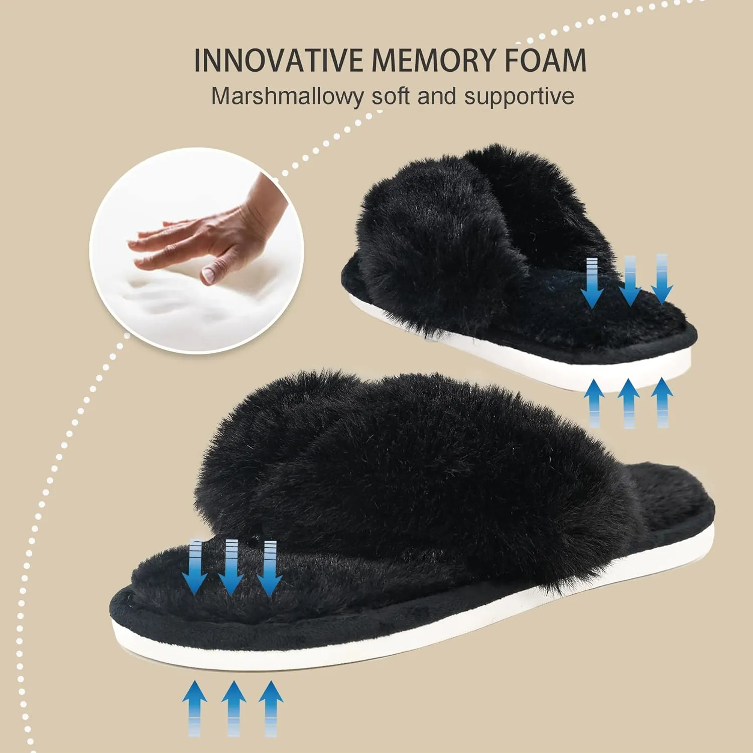 Onmygogo Plush Indoor Flip Flop Thong Slippers for Women Open Toe, Fuzzy Faux Fur Spa House Slippers