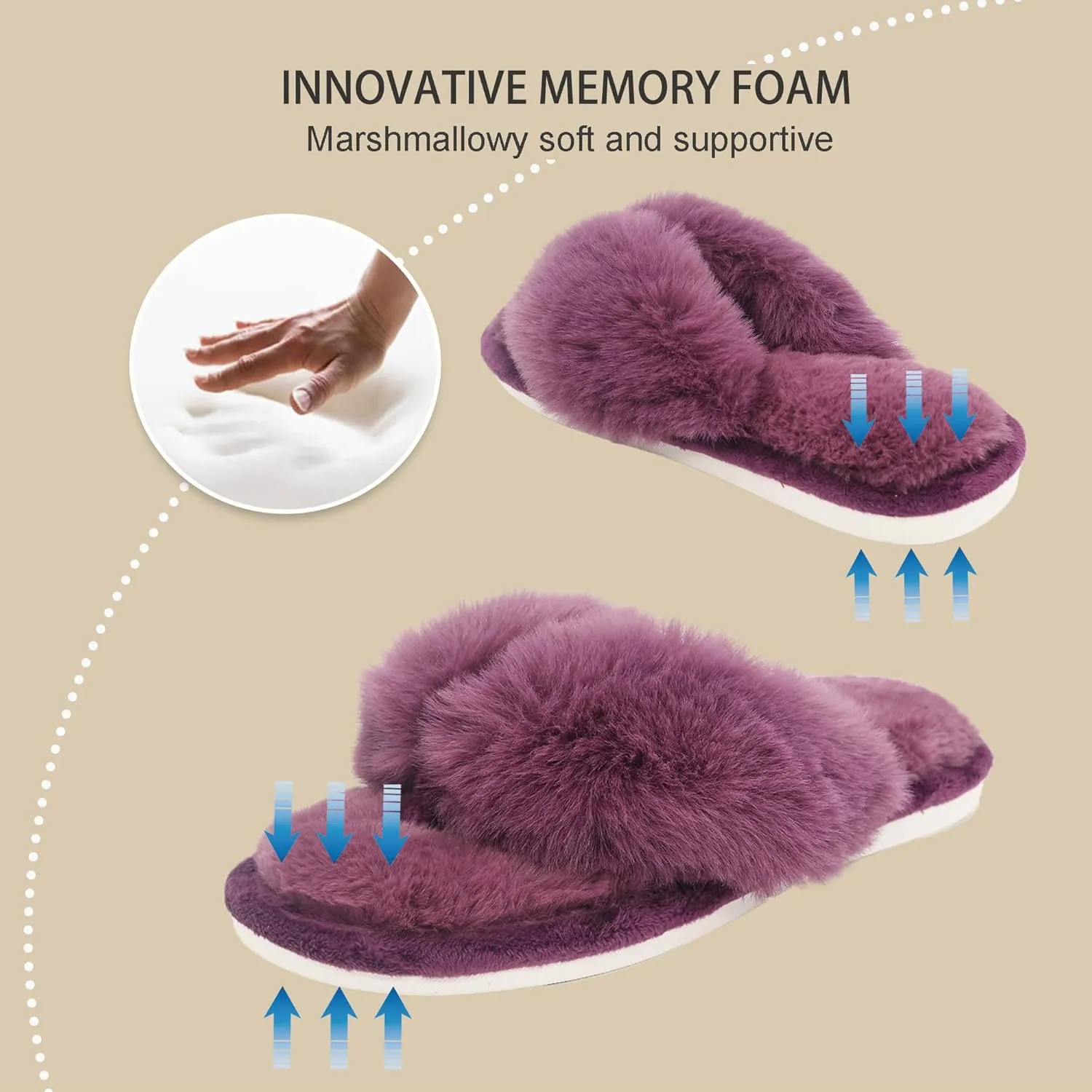 Onmygogo Plush Indoor Flip Flop Thong Slippers for Women Open Toe, Fuzzy Faux Fur Spa House Slippers