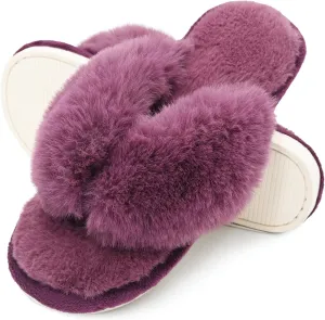Onmygogo Plush Indoor Flip Flop Thong Slippers for Women Open Toe, Fuzzy Faux Fur Spa House Slippers