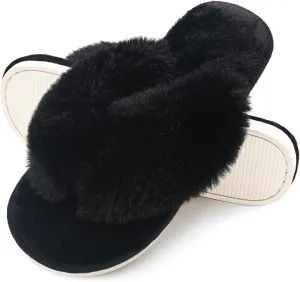 Onmygogo Plush Indoor Flip Flop Thong Slippers for Women Open Toe, Fuzzy Faux Fur Spa House Slippers