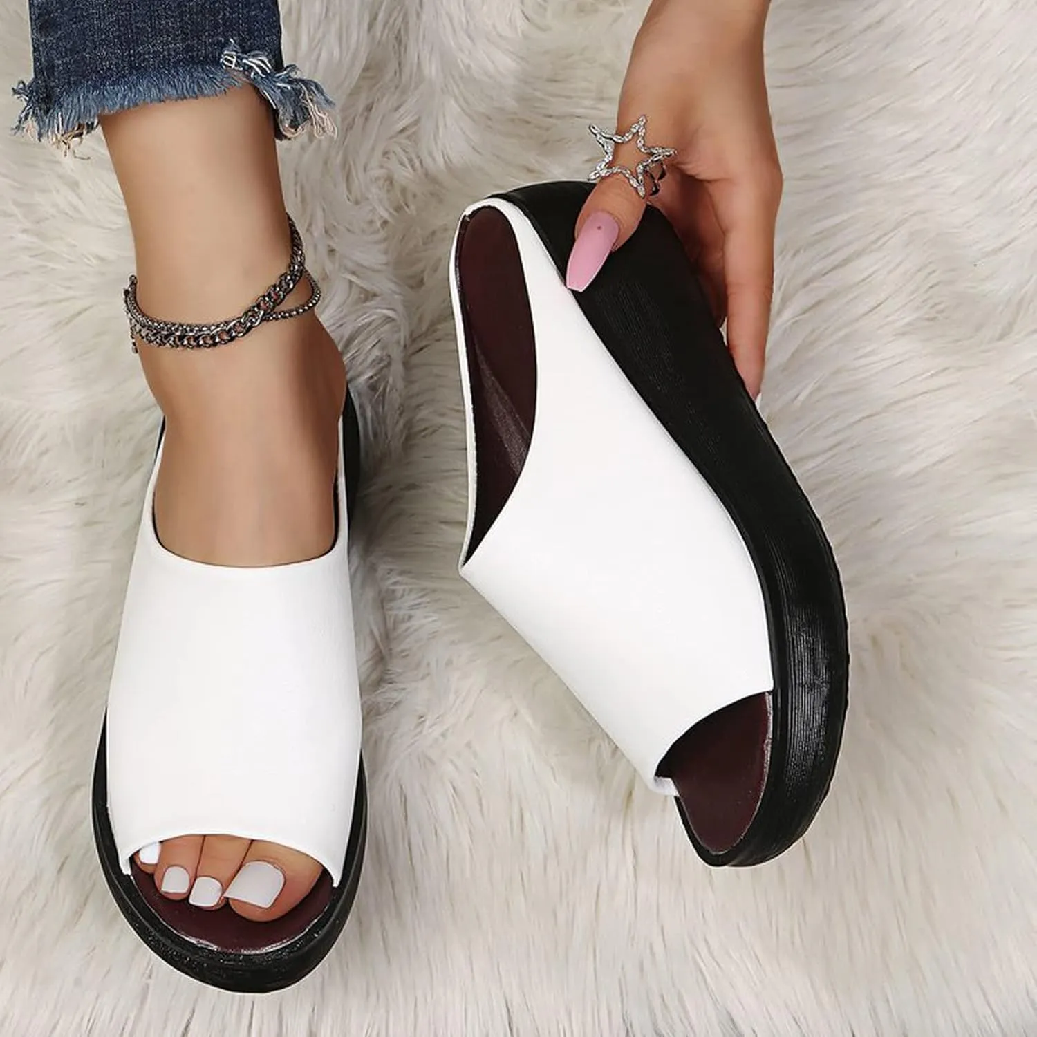 ORNVEION Women's Slip-On Platform Wedge High Heel Sandals,Comfortable and Soft Fashion Open Toe Slippers, Casual Outdoor Shoes