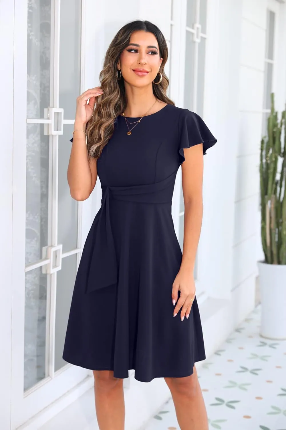 OWIN Womens 2025 Elegant Ruffle Sleeve Flared A Line Swing Casual Party Cocktail Dresses
