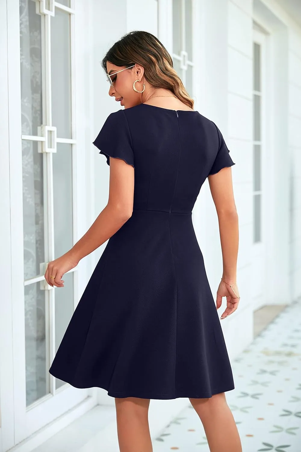OWIN Womens 2025 Elegant Ruffle Sleeve Flared A Line Swing Casual Party Cocktail Dresses