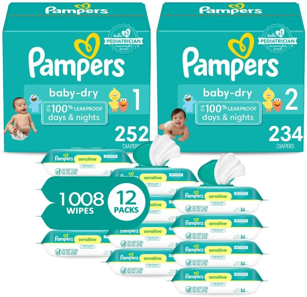 Pampers Baby Dry Disposable Baby Diapers Starter Kit, Sizes 1 (252 Count) & 2 (234 Count), with Sensitive Water Based Baby Wipes 12 Flip-Top Packs (1008 Wipes Total)