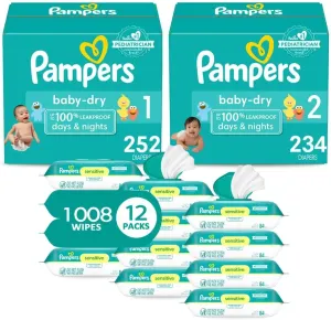 Pampers Baby Dry Disposable Baby Diapers Starter Kit, Sizes 1 (252 Count) & 2 (234 Count), with Sensitive Water Based Baby Wipes 12 Flip-Top Packs (1008 Wipes Total)