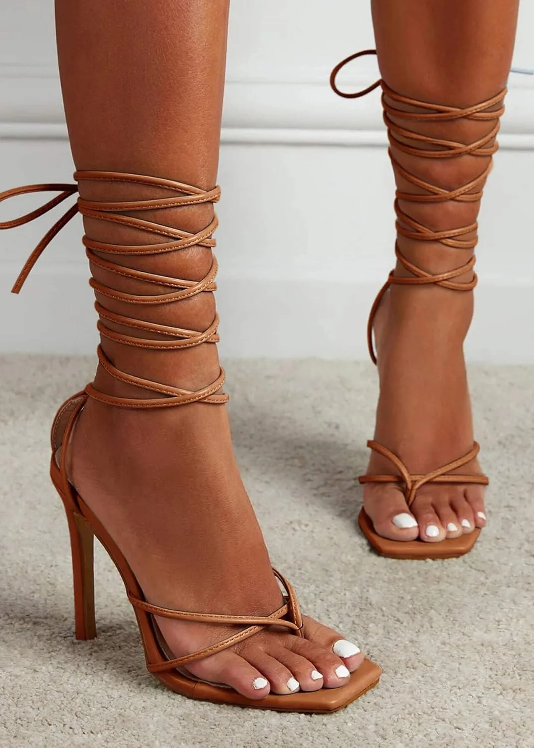 PiePieBuy Women's Lace Up Heeled Sandals Square Flip Flop High Heels Strappy Party Shoes