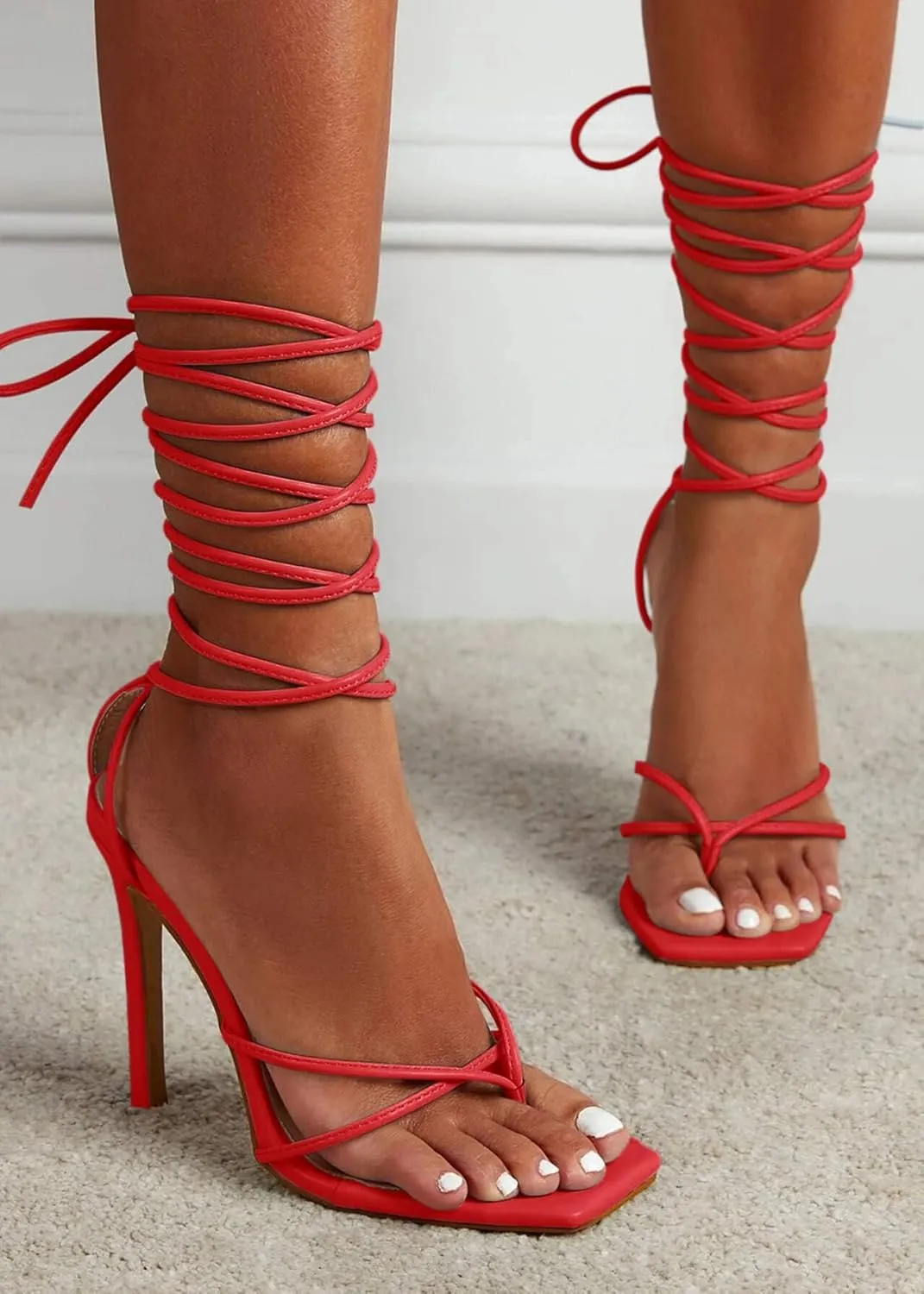 PiePieBuy Women's Lace Up Heeled Sandals Square Flip Flop High Heels Strappy Party Shoes