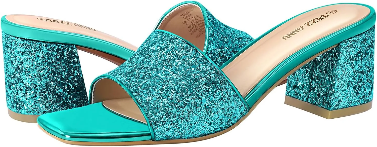 PIZZ ANNU Women's Square Open Toe Heels Sandals Low Block Chunky Heeled Sandal Slip on Mules Comfortable Casual Dress Pumps Shoes