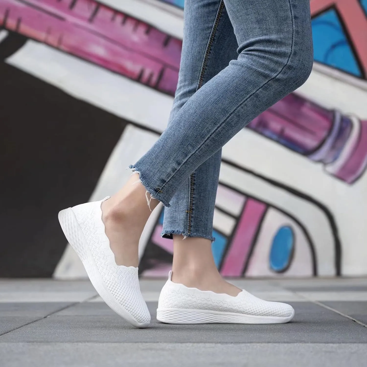 poemlady Women's Slip on Loafer Shoes - Mesh Casual Ballet Flat Nurse Walking Sneakers Knit Round Toe Memory Foam Casual Shoes