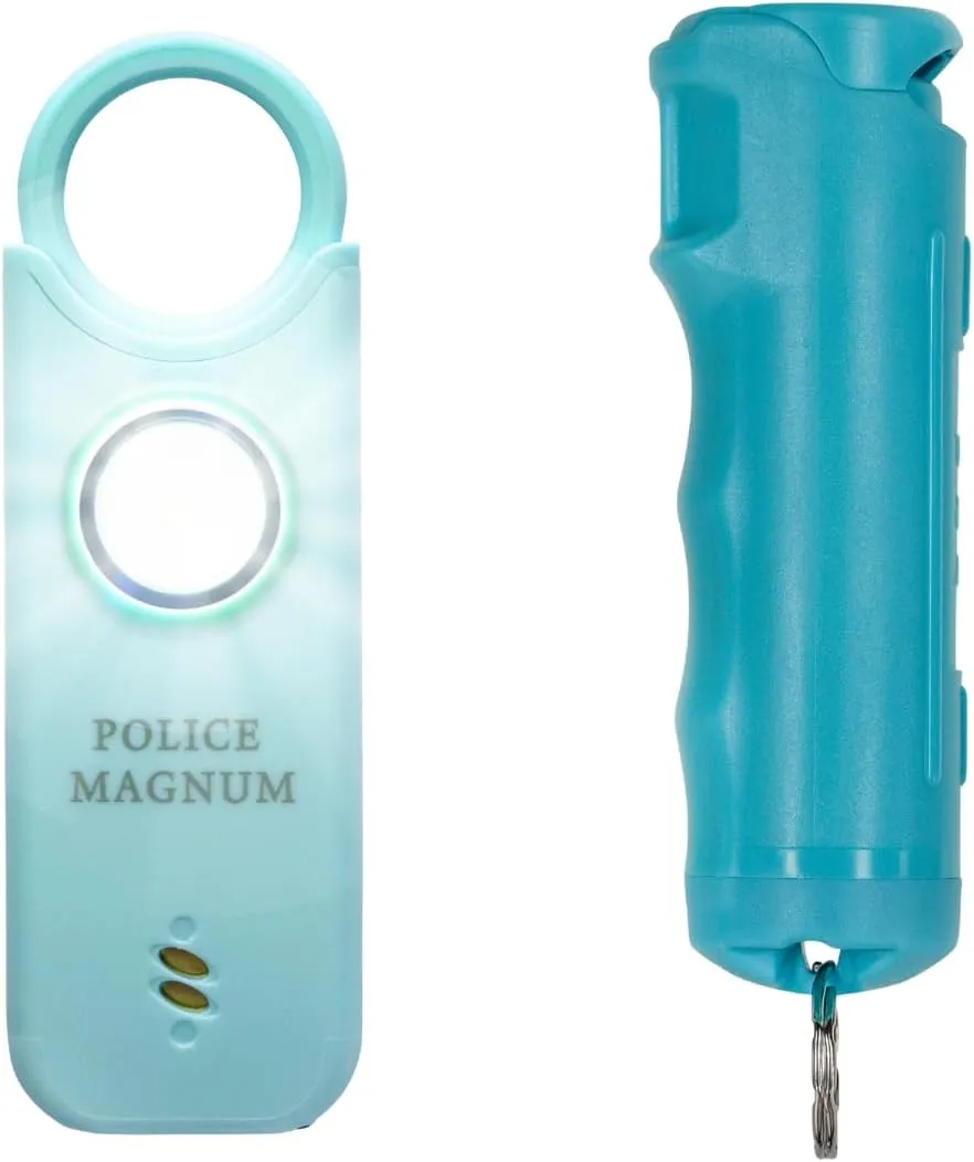 Police Magnum Personal Safety Alarm & Pepper Spray Combo Self Defense Pack for Women- Loud 135db Siren with Light & Max Strength Flip Top Pepper Spray Protection