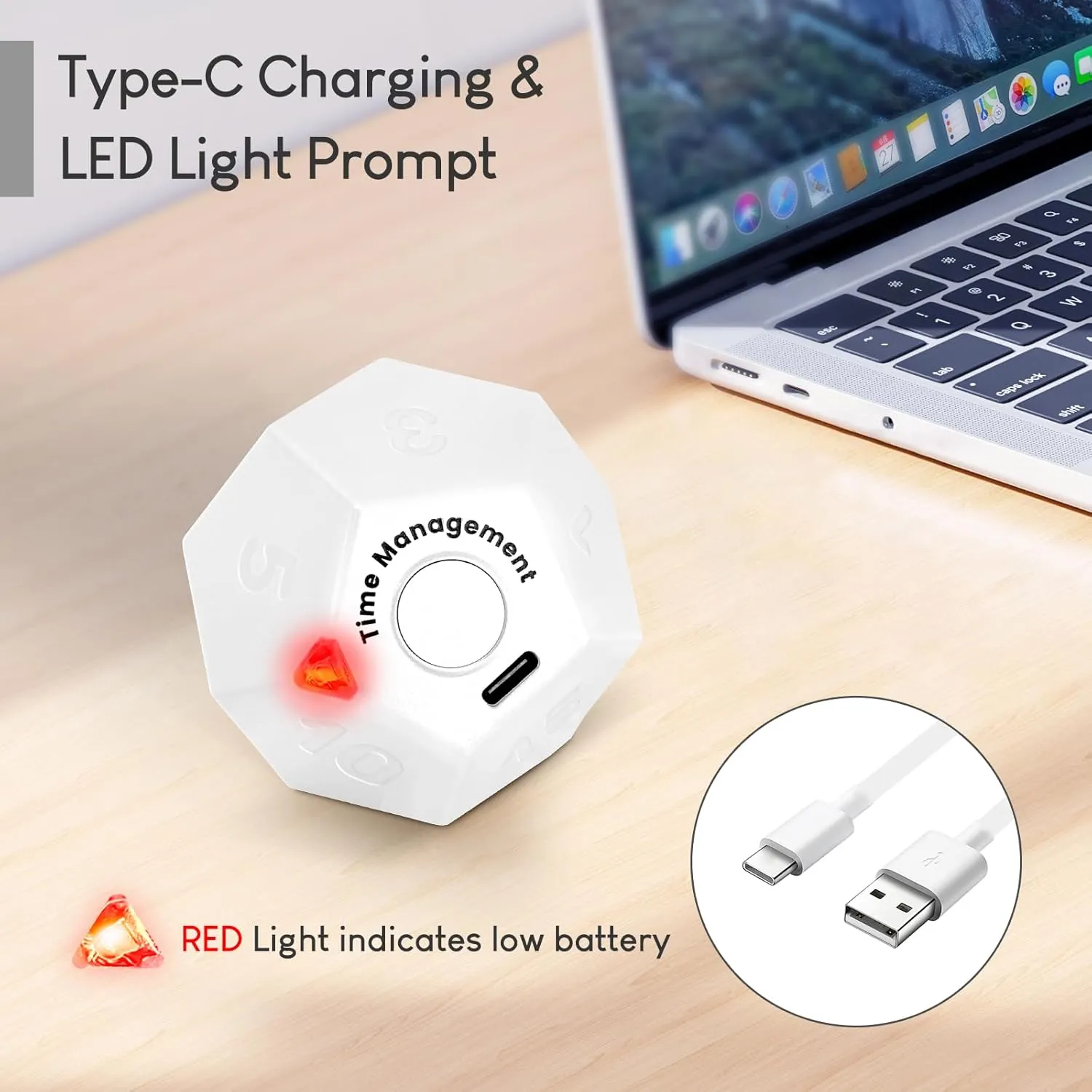 Pomodoro Timer, 11 Preset Time Productivity Timer, Ring/Vibrate Mode Productivity Cube, Type C Rechargeable Kitchen Cooking Timer for Cooking, Learning, Exercise and Beauty-White