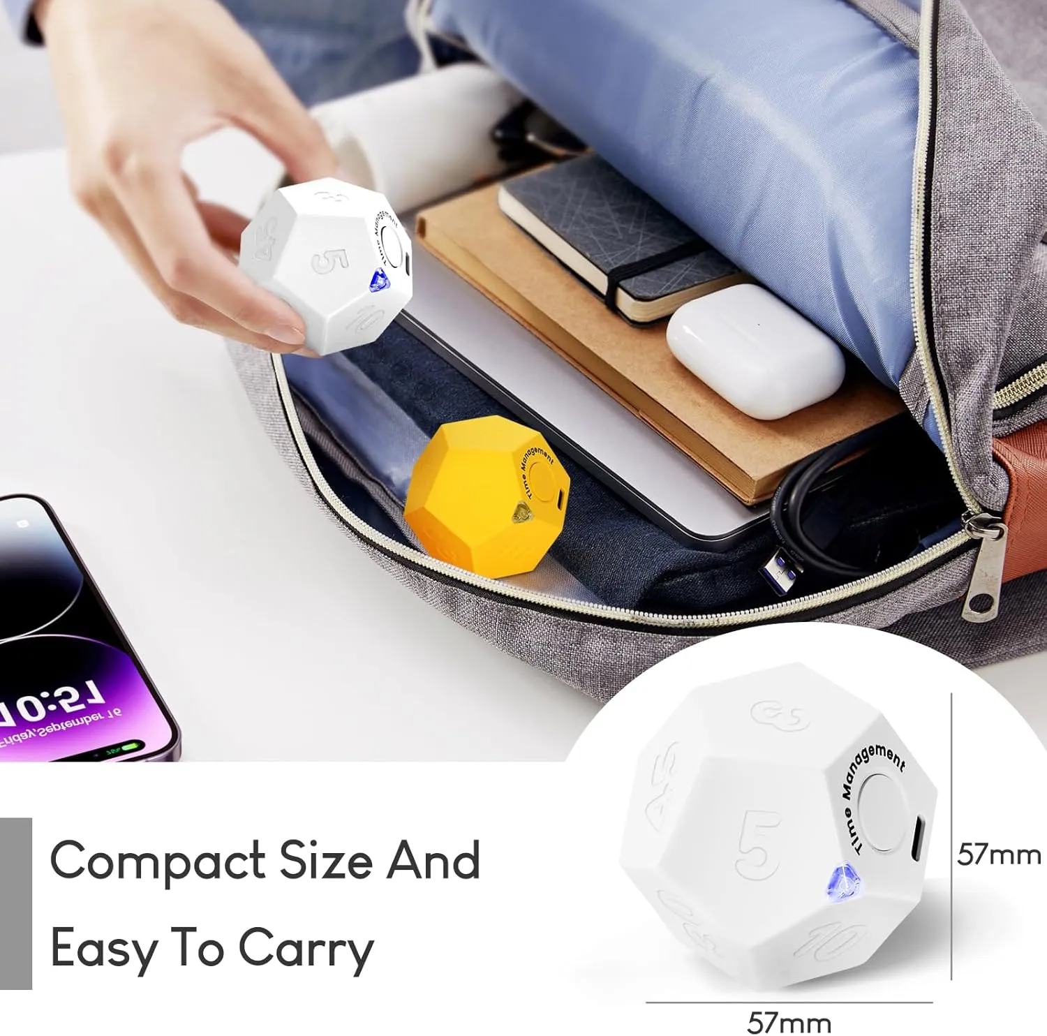 Pomodoro Timer, 11 Preset Time Productivity Timer, Ring/Vibrate Mode Productivity Cube, Type C Rechargeable Kitchen Cooking Timer for Cooking, Learning, Exercise and Beauty-White