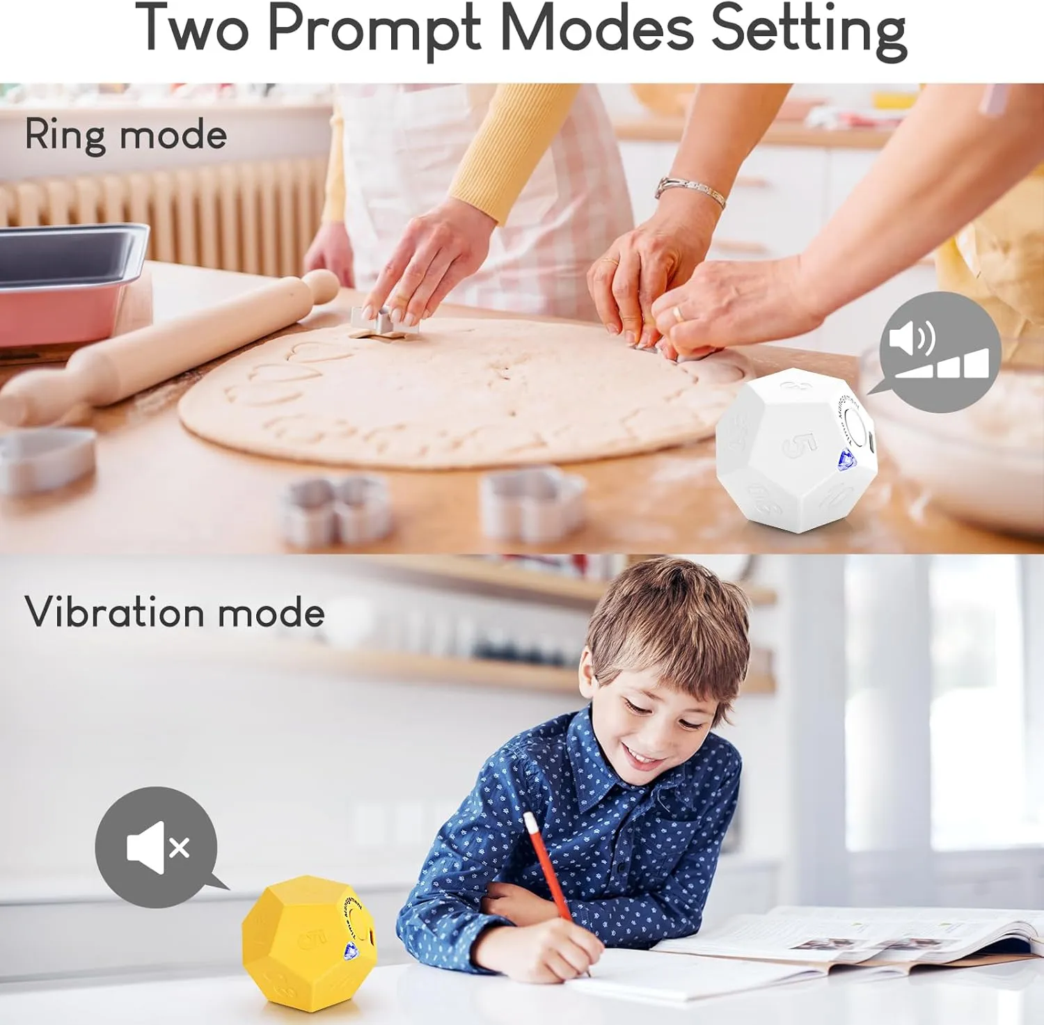 Pomodoro Timer, 11 Preset Time Productivity Timer, Ring/Vibrate Mode Productivity Cube, Type C Rechargeable Kitchen Cooking Timer for Cooking, Learning, Exercise and Beauty-White