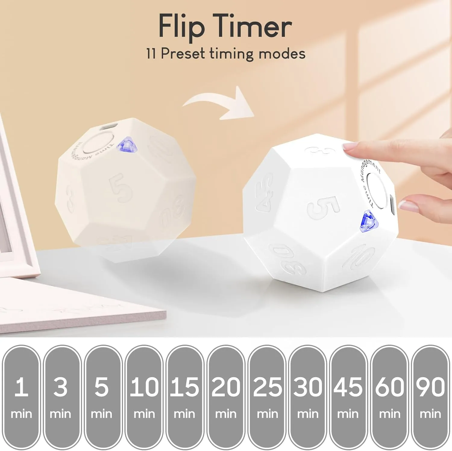 Pomodoro Timer, 11 Preset Time Productivity Timer, Ring/Vibrate Mode Productivity Cube, Type C Rechargeable Kitchen Cooking Timer for Cooking, Learning, Exercise and Beauty-White