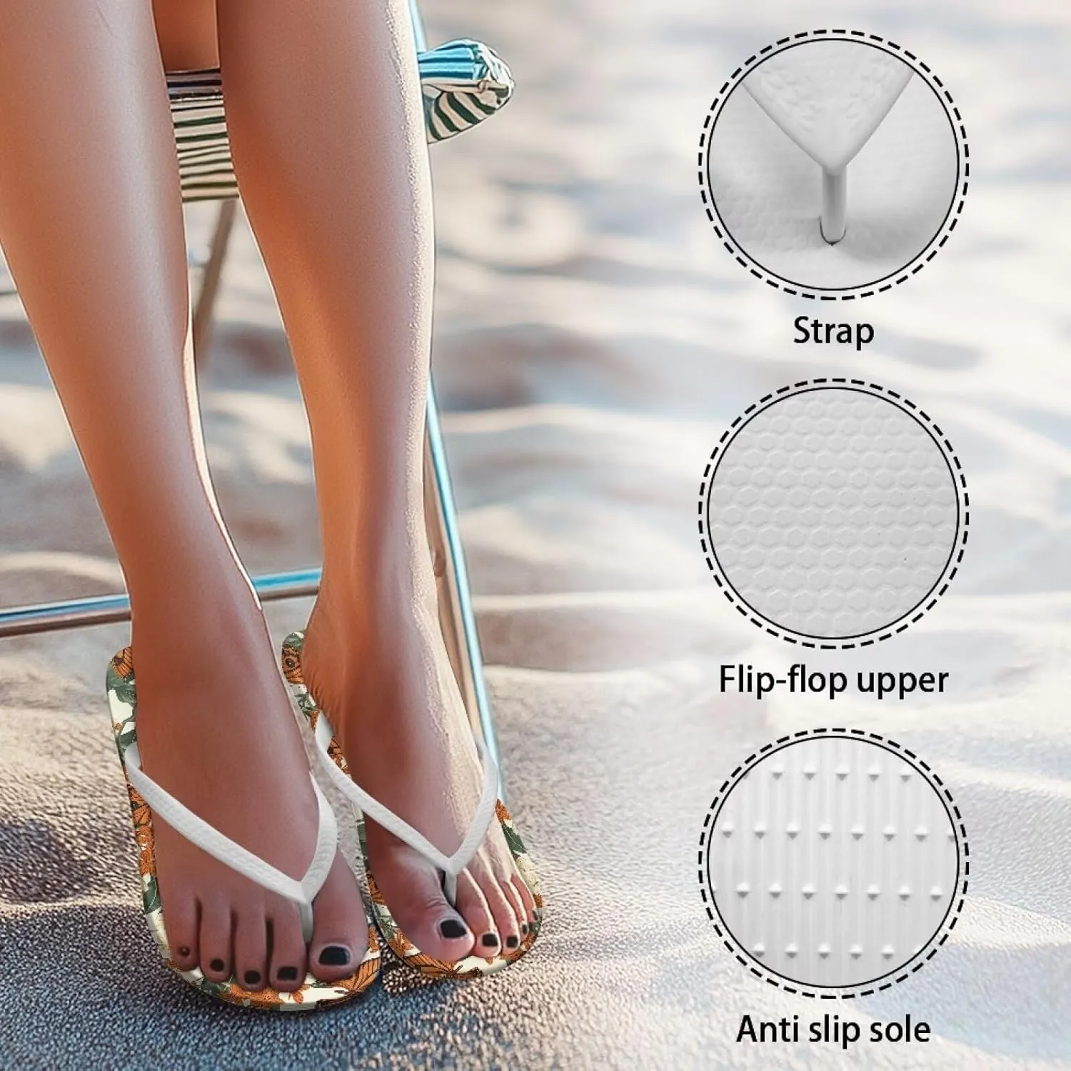 Print Thong Flip Flops for Women Comfortable Yoga Mat Non Slip Shower Shoes Super Lightweight for Summer Beach Vacation White Strap