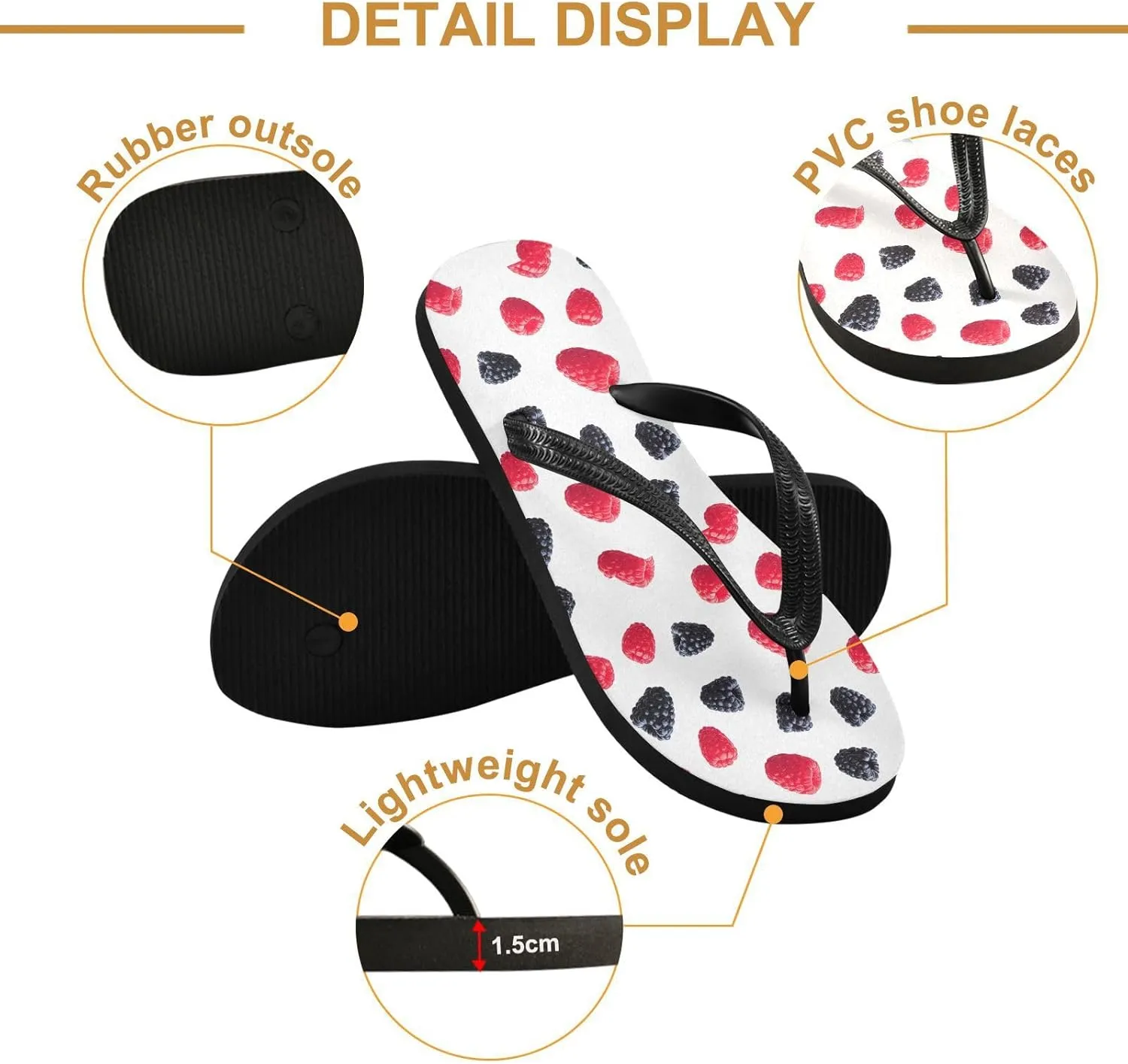 Raspberry Blackberry White Flip Flops for Beach Thong Sandals Anti-slip Lightweight Beach Shoes for Summer Swim Travel