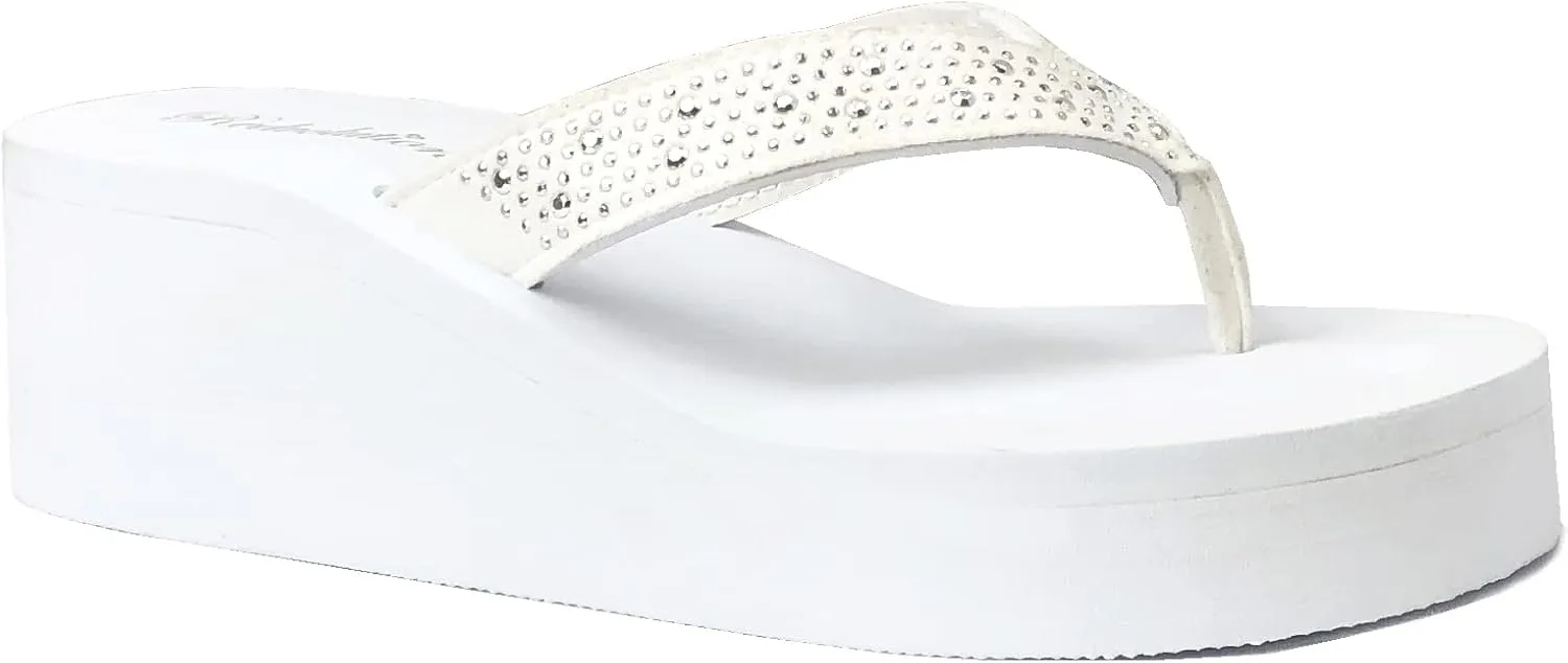 REDVOLUTION New Women's Rhinestone Sandals Platform T-Strap Jewel Sandals High Wedge Flip Flops