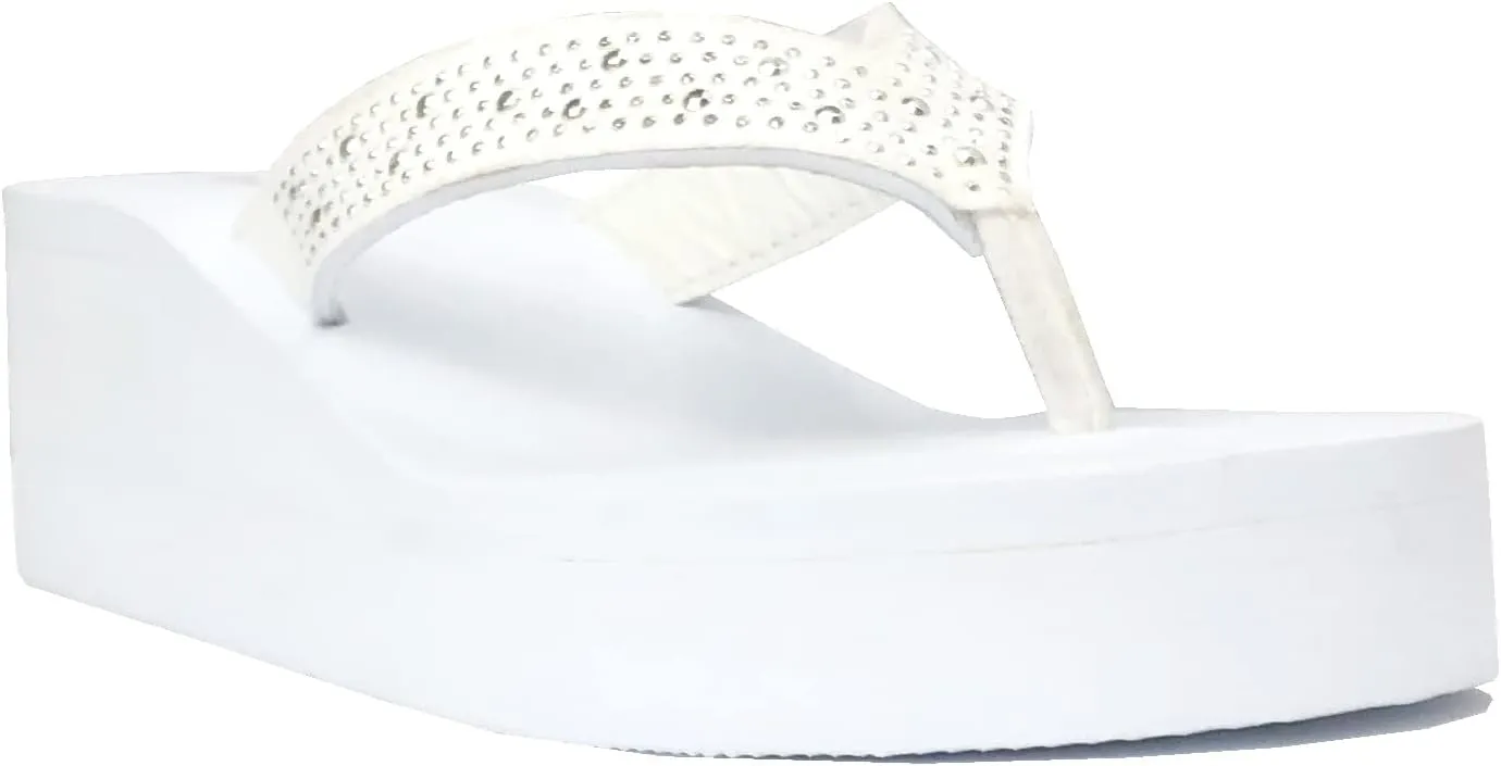 REDVOLUTION New Women's Rhinestone Sandals Platform T-Strap Jewel Sandals High Wedge Flip Flops
