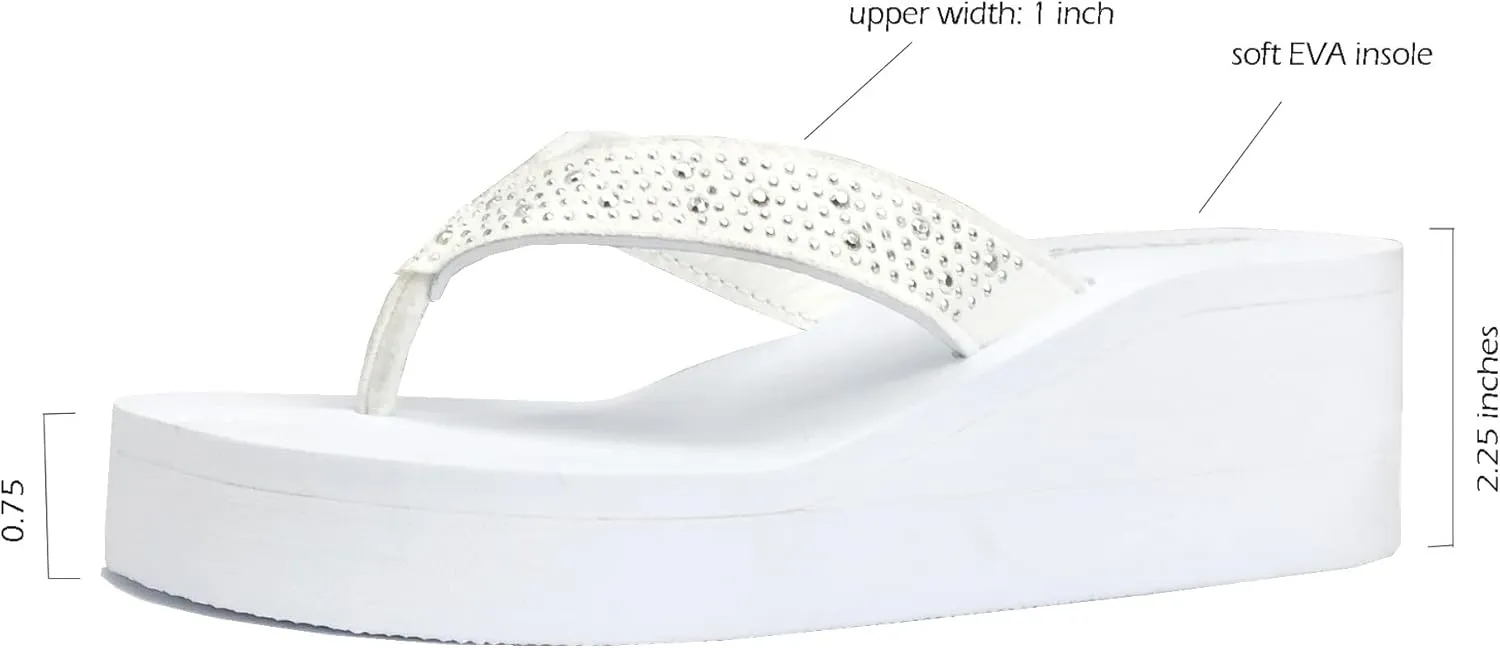 REDVOLUTION New Women's Rhinestone Sandals Platform T-Strap Jewel Sandals High Wedge Flip Flops