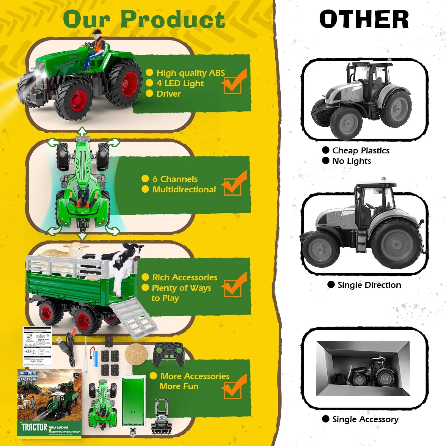 Remote Control Tractor Toys, RC Tractor Toys for Kids 3-5 & 5-7, Farm Animal Toys Set with Front Loader and Light, Farm Vehicle Toy Tractor Toy, Tractors for Kids Ages 4-8 Boys Girls Gift…