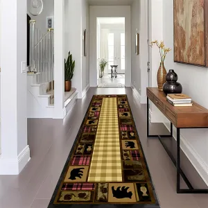 Retro Cabin Rug Rustic Lodge Forest Wild Animals Bears Decoration Hallway Runner Rugs Vintage Checkerboard Print Long Carpet for Indoor Entryway Kitchen Bathroom Laundry Dorm, 3.3x12ft