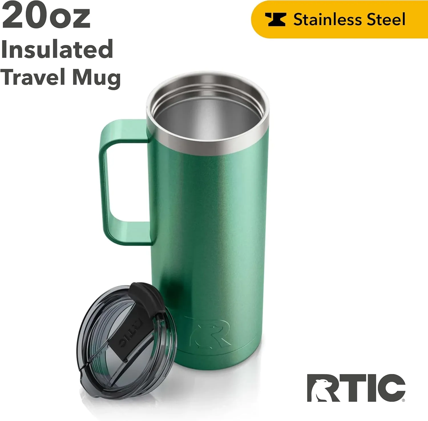 RTIC 20 oz Coffee Travel Mug with Lid and Handle, Stainless Steel Vacuum-Insulated, Hot and Cold Drink, for Car, Camping, Cypress Pine