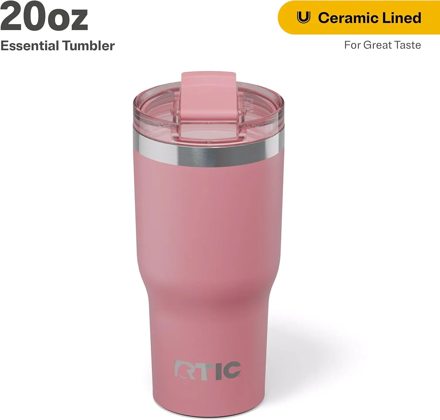 RTIC Essential Tumbler with Lid, Insulated, Stainless Steel, Metal, Double Wall Vacuum-Insulation, Ceramic Lined, Travel Cup for Iced Coffee, Tea, Hot and Cold Drink, Dusty Rose