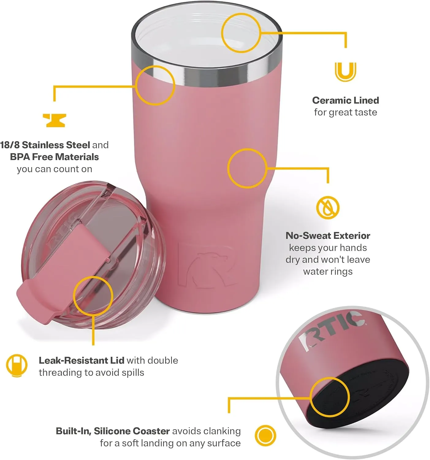 RTIC Essential Tumbler with Lid, Insulated, Stainless Steel, Metal, Double Wall Vacuum-Insulation, Ceramic Lined, Travel Cup for Iced Coffee, Tea, Hot and Cold Drink, Dusty Rose