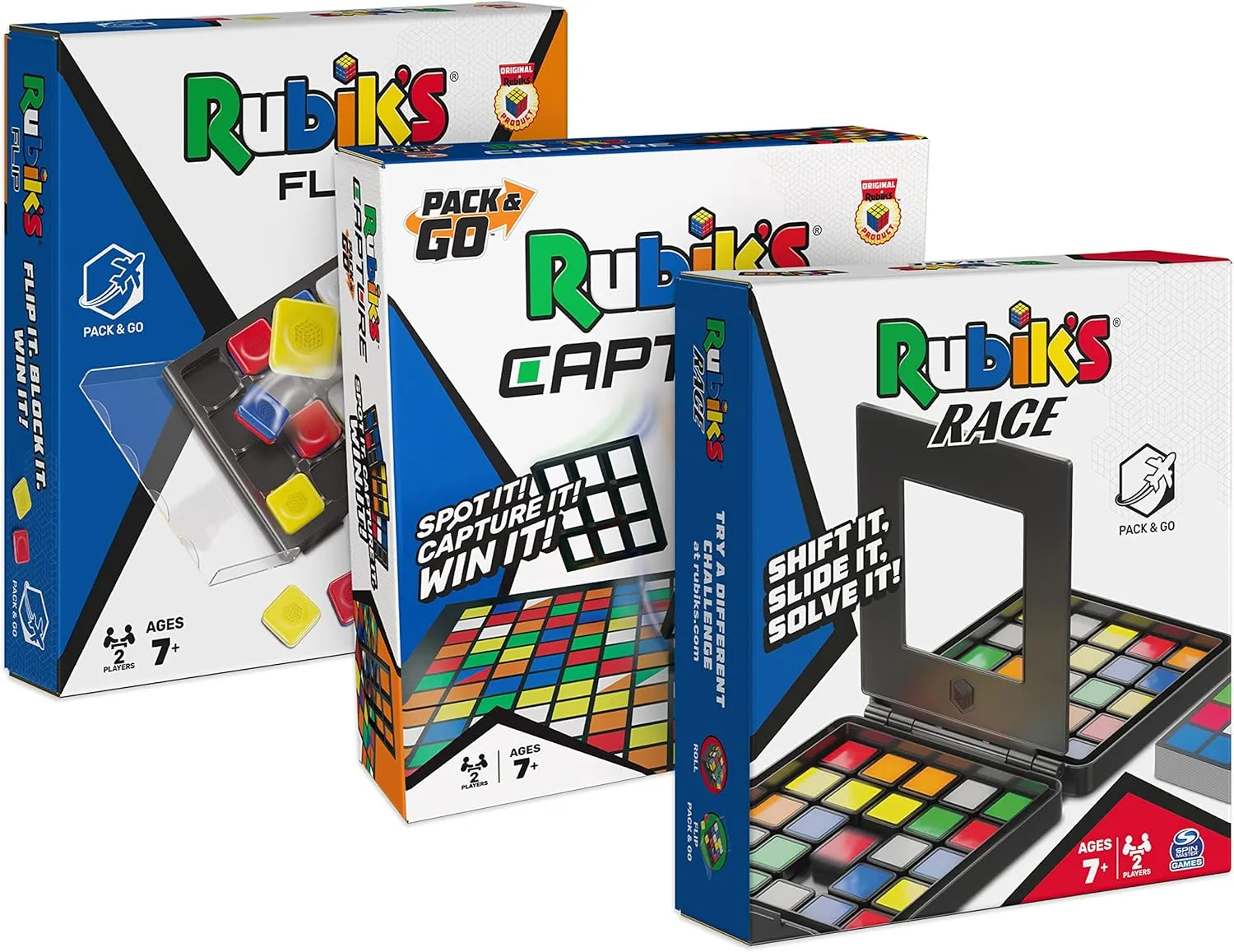 Rubik's Pack & Go, 3 Game Bundle Race Flip Capture 2-Player Sequence Board Games 3D Puzzle Travel Game Gift Set, for Adults & Kids Ages 7  Amazon Exclusive