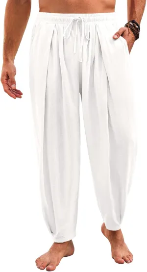Runcati Mens Casual Harem Pants Drawstring Elastic Waist Cotton Cropped Trousers Yoga Beach Lightweight Pants