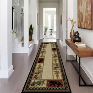 Rustic Wildlife Runner Rug Retro Lodge Forest Wild Animals Bears Maple Leaf Decoration Hallway Rugs Cabin Theme Beige Long Carpet for Indoor Entryway Kitchen Bathroom Laundry, 3.3x12ft