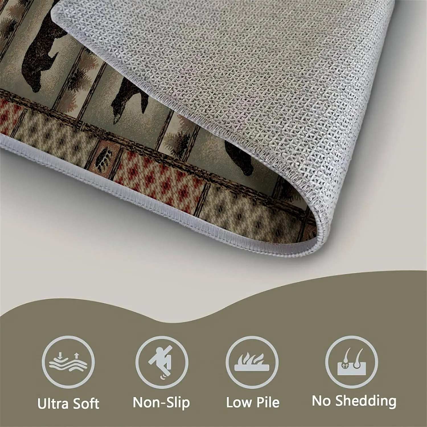 Rustic Wildlife Runner Rug Retro Lodge Forest Wild Animals Bears Maple Leaf Decoration Hallway Rugs Cabin Theme Beige Long Carpet for Indoor Entryway Kitchen Bathroom Laundry, 3.3x12ft