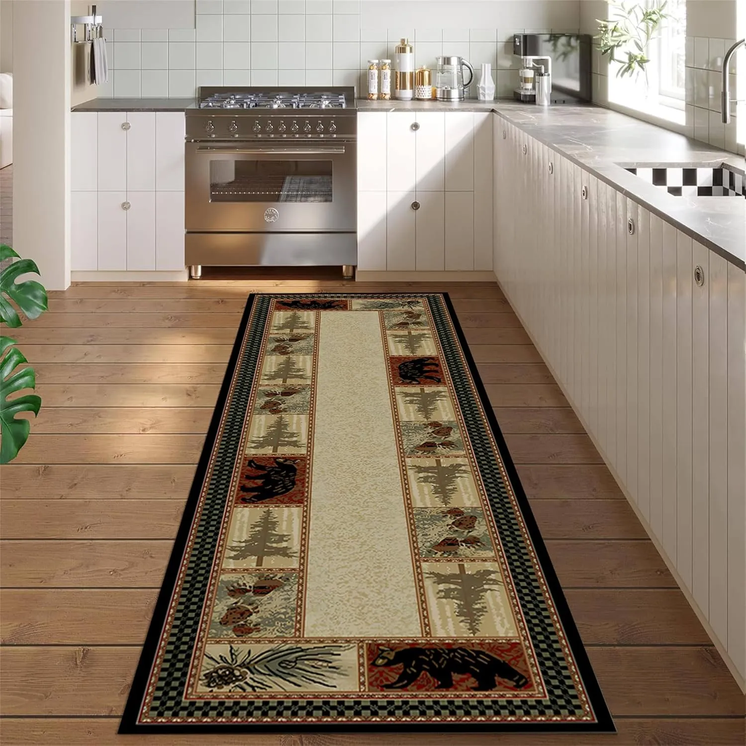 Rustic Wildlife Runner Rug Retro Lodge Forest Wild Animals Bears Maple Leaf Decoration Hallway Rugs Cabin Theme Beige Long Carpet for Indoor Entryway Kitchen Bathroom Laundry, 3.3x12ft