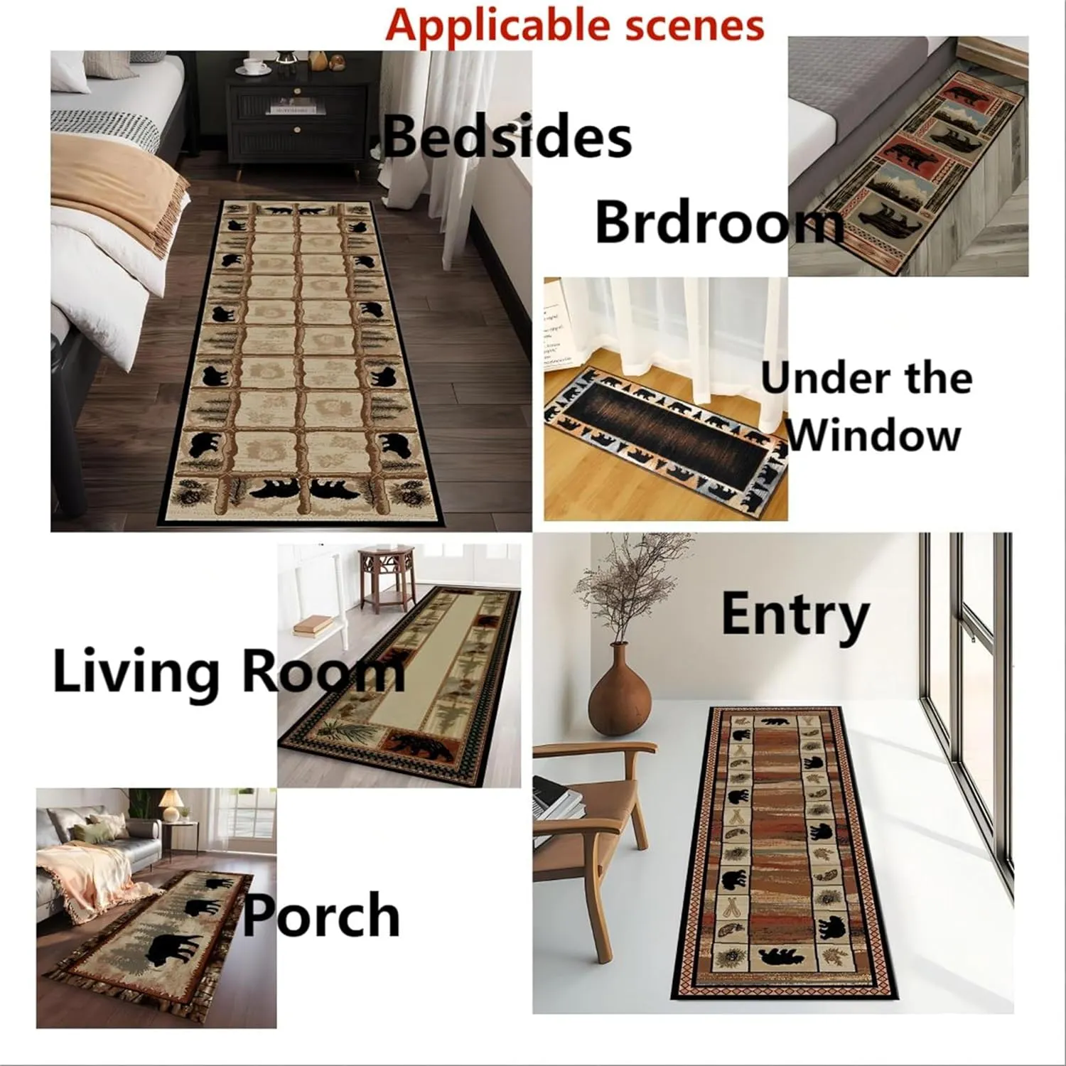 Rustic Wildlife Runner Rug Retro Lodge Forest Wild Animals Bears Maple Leaf Decoration Hallway Rugs Cabin Theme Beige Long Carpet for Indoor Entryway Kitchen Bathroom Laundry, 3.3x12ft